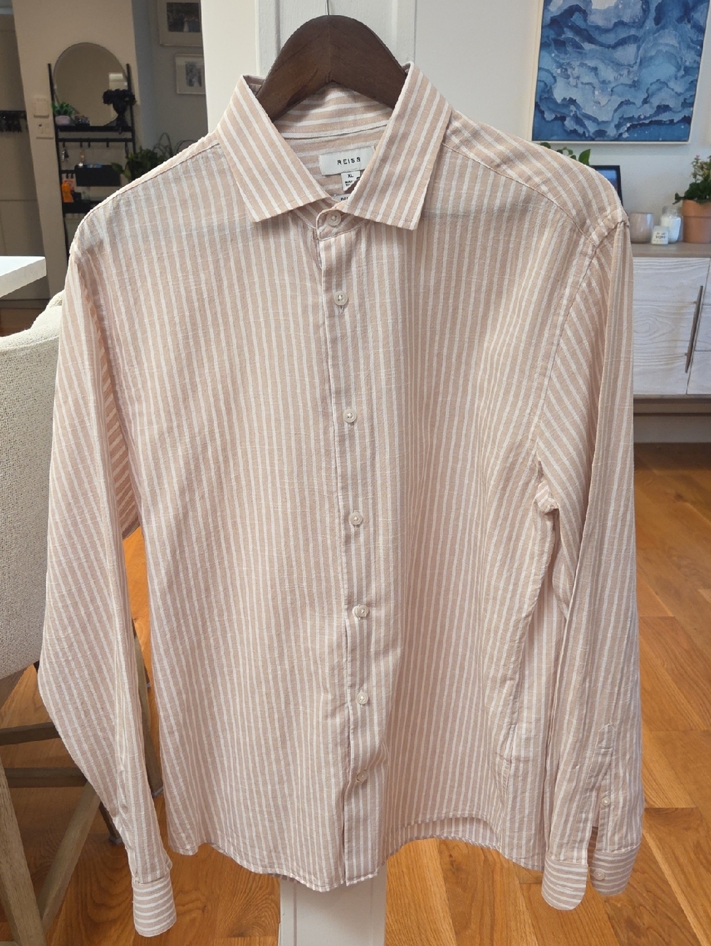 Reiss Men's Regular Fit Tan & White Striped Linen Button Down Shirt (XL)